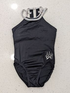 OLYMPIC GK Elite Large Gymnastics Dance Leotard ALY RAISMAN Black Silver GLITTER